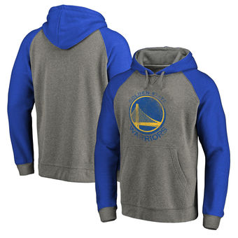 Golden State Warriors Fanatics Branded Distressed Logo Tri-Blend Pullover Hoodie - Ash Royal